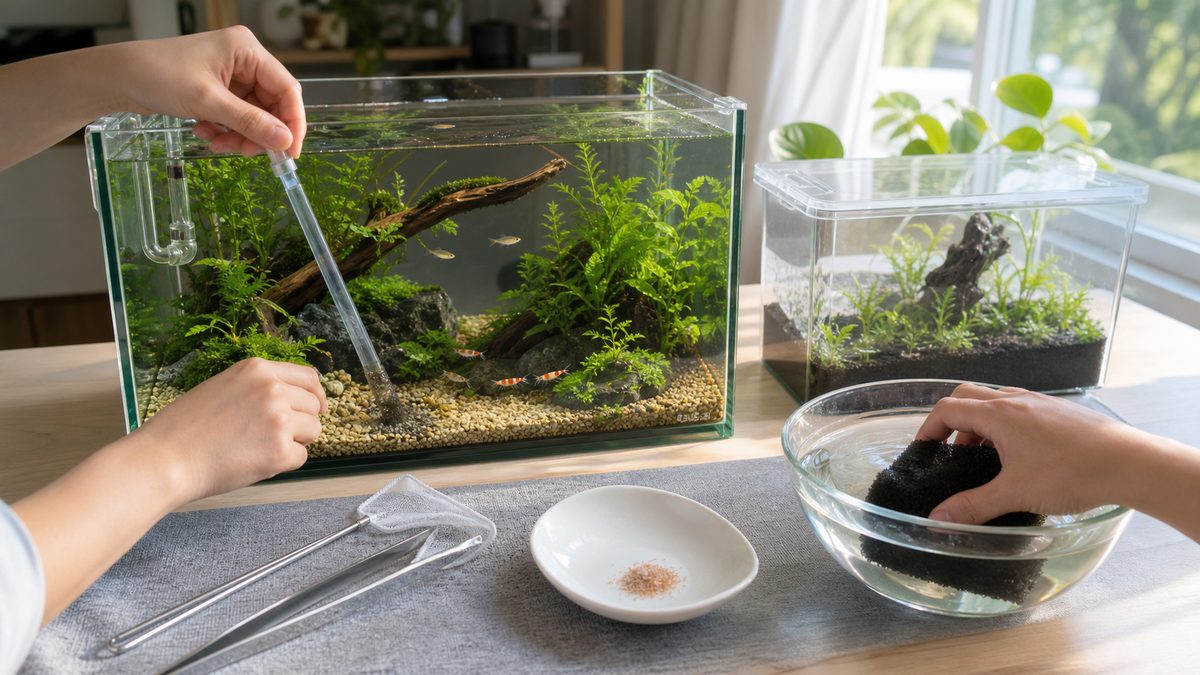 適正密度の水草水槽を掃除し少量の餌と飼育水で洗うフィルター、新規素材の隔離容器を準備する様子