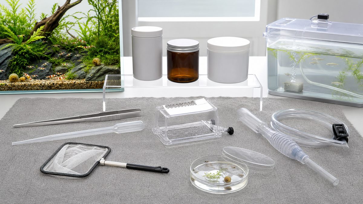 ピンセット、スポイト、トラップ、サイフォンを前に置き密閉薬剤とエビ貝水槽、魚の隔離水槽を分けた様子