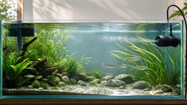 水流ポンプで流れの強い場所と穏やかな避難場所を作った淡水魚水槽