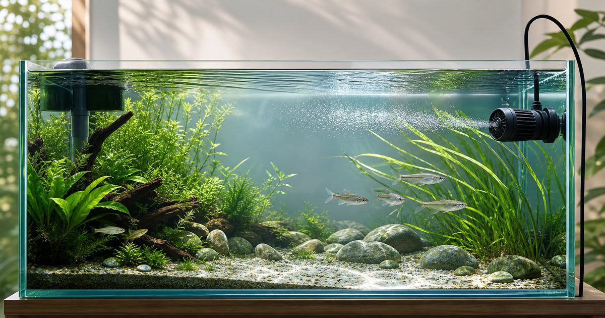 水流ポンプで流れの強い場所と穏やかな避難場所を作った淡水魚水槽