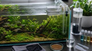 淡水水槽の油膜をサーフェススキマーで除去する飼育環境のイメージ