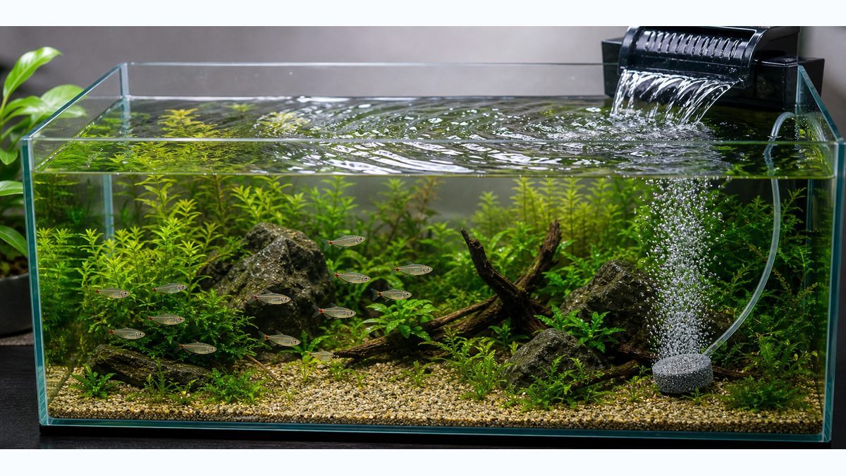 強いエアレーションと水面の動きで油膜が出にくい水槽