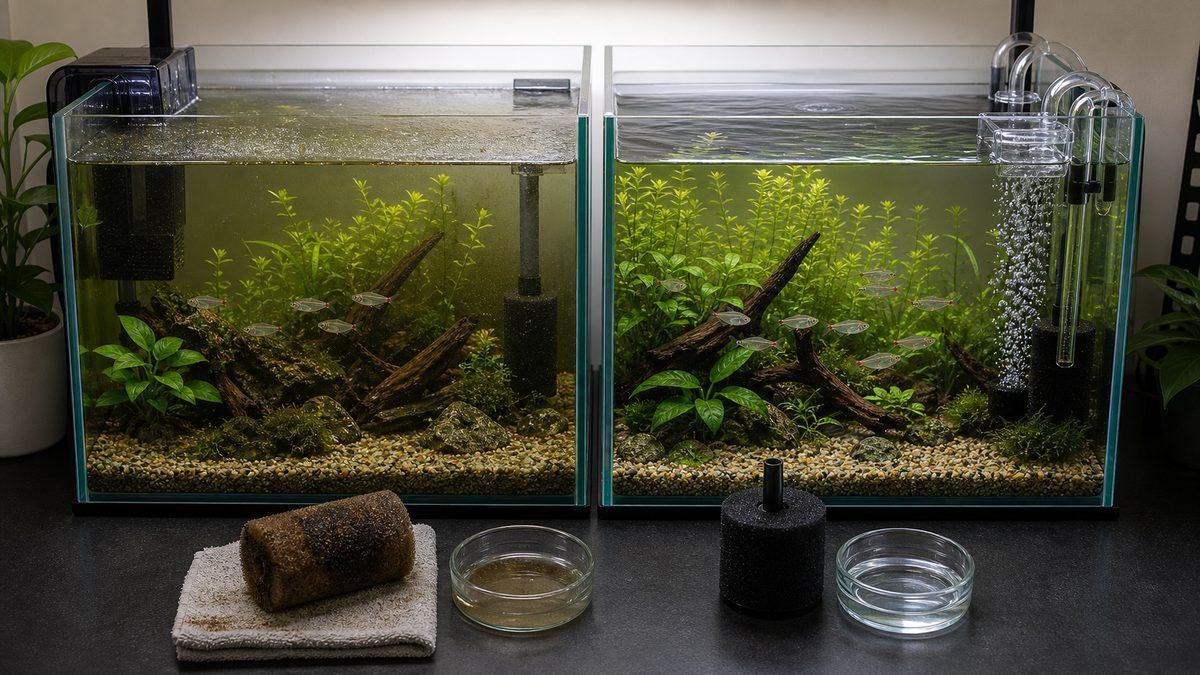 油膜が残る水槽とサーフェススキマーで改善した水槽の比較