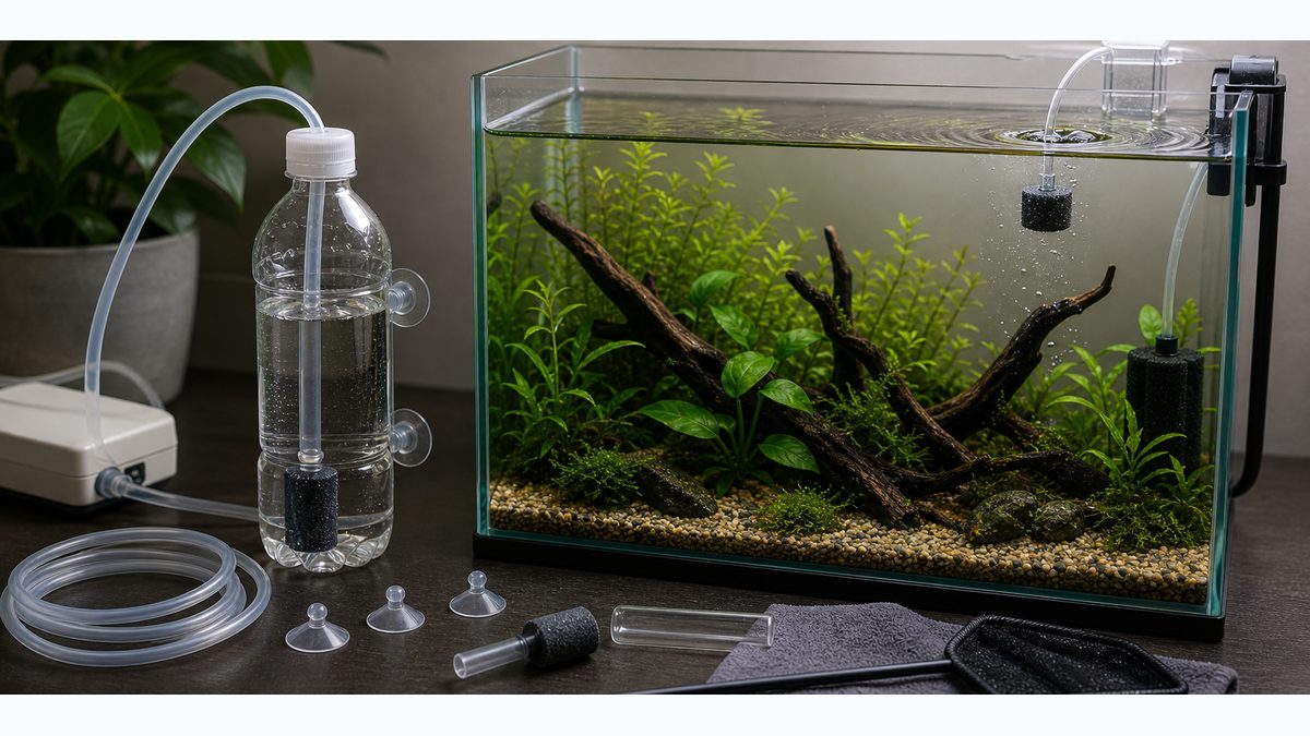 ペットボトル風の自作スキマーとエアストーンによる油膜対策