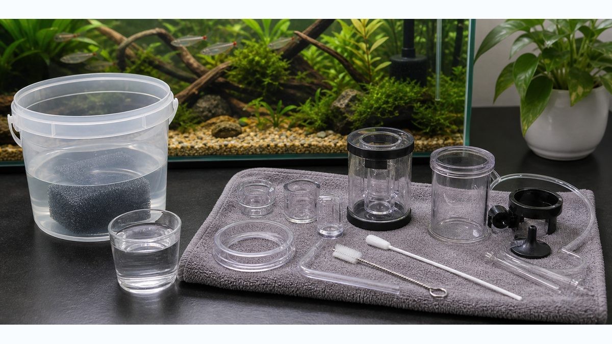 分解したサーフェススキマーとスポンジを飼育水ですすぐ道具