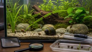 水草水槽でスネールとタニシを見分けながら対策する様子を示した画像