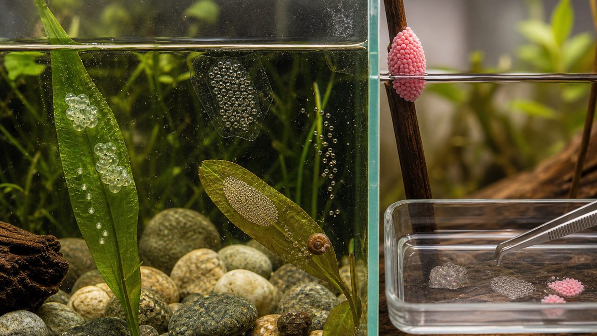 透明なスネール卵と水上のピンク色卵塊を見比べる画像