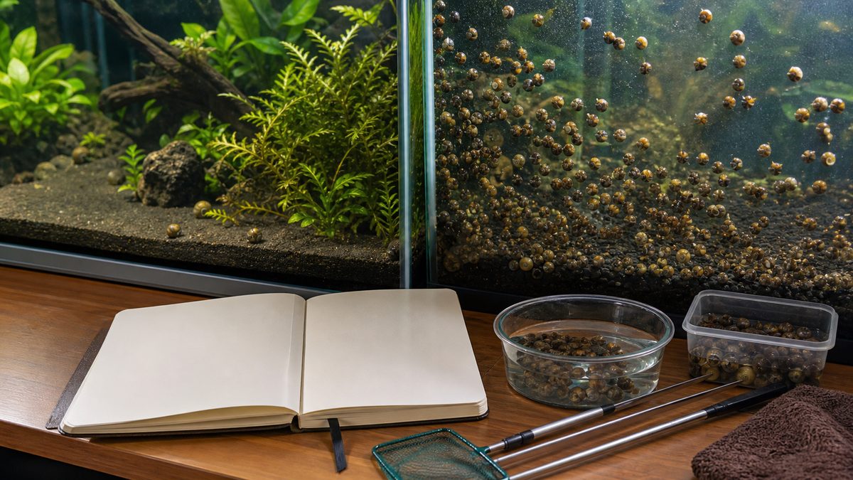 水草の持ち込みからスネールが増えた水槽と対策道具を示す画像