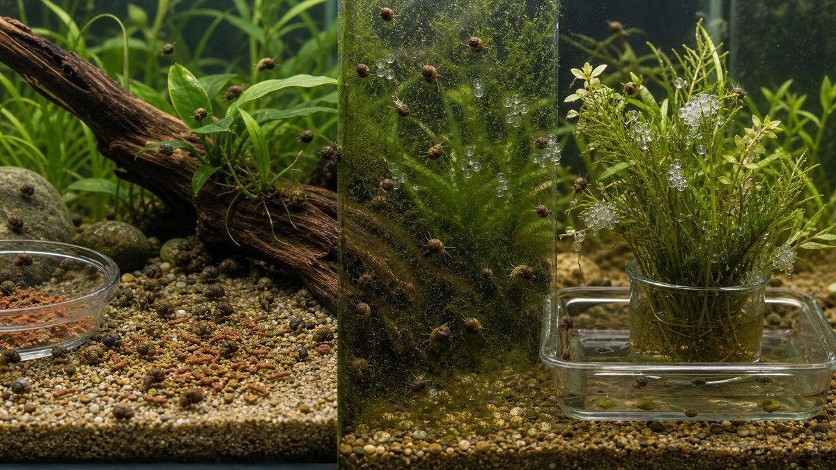 餌残り・コケ・水草に付いた卵でスネールが増える水槽画像