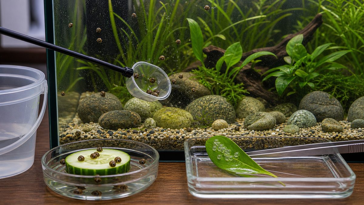 スネールキャッチャーと餌トラップで水槽の貝を回収する画像