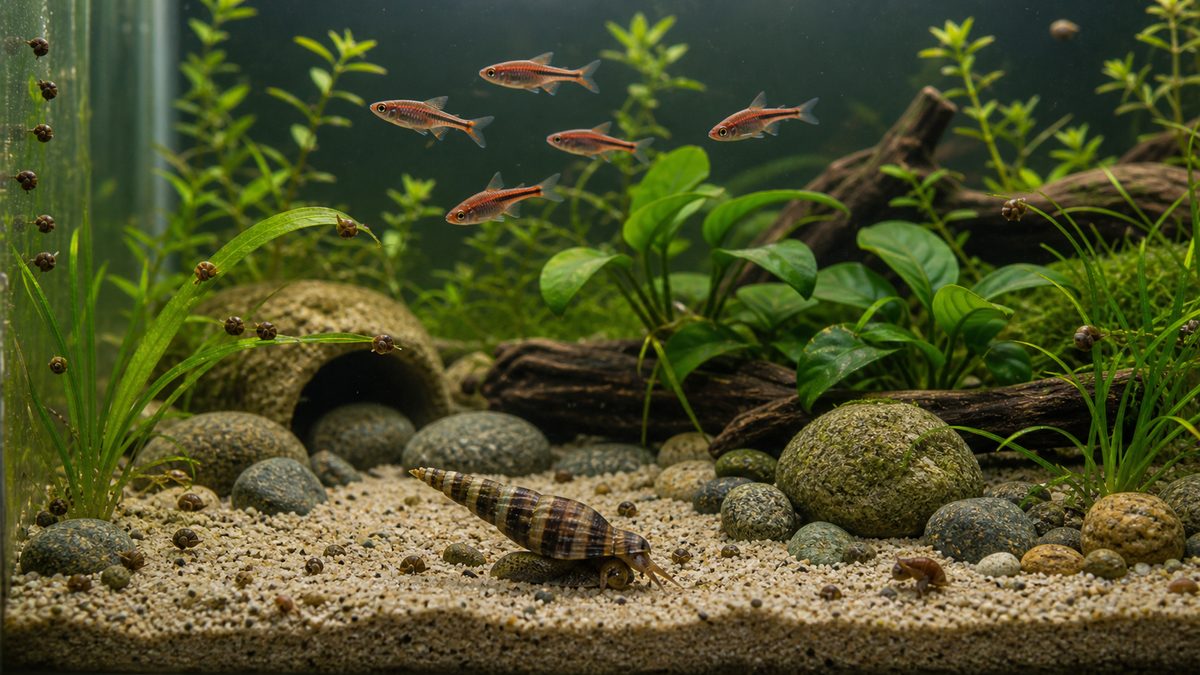 キラースネールと小型魚でスネールを抑える水草水槽画像