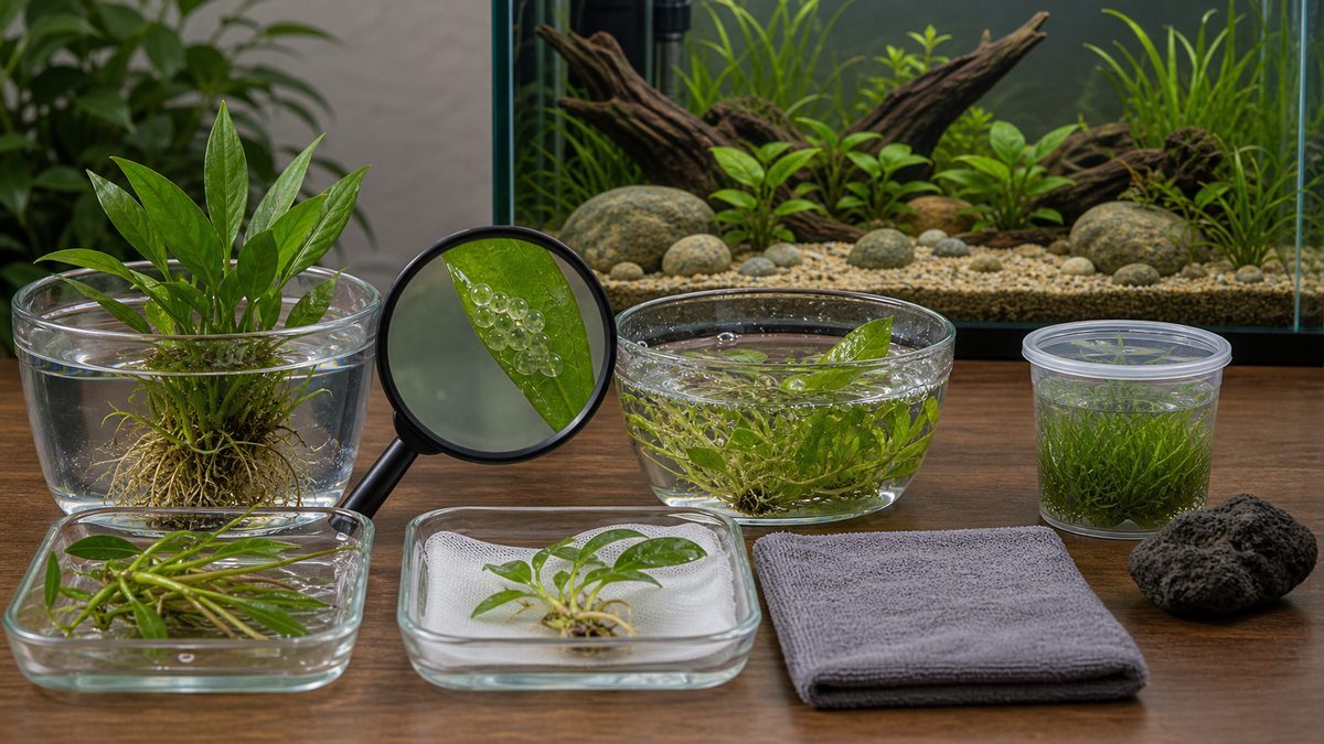 水草の検疫容器と葉に付いたスネール卵を確認する画像