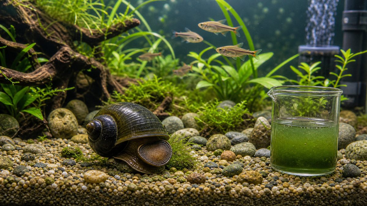 水草水槽でコケを食べる有益なタニシ系の貝を示す画像