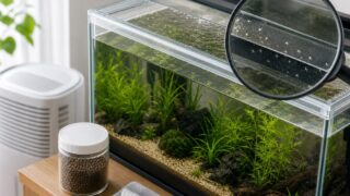 水槽のフタと水面周りに出る白い小さい虫をルーペで確認し除湿と清掃で対策するアイキャッチ画像