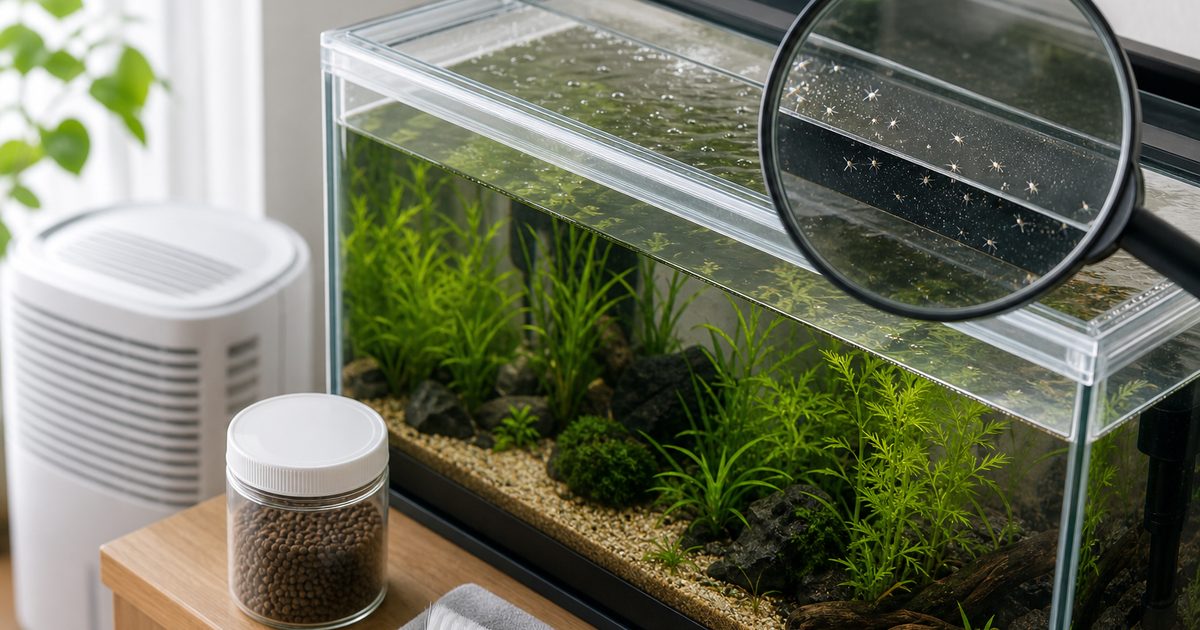 水槽のフタと水面周りに出る白い小さい虫をルーペで確認し除湿と清掃で対策するアイキャッチ画像