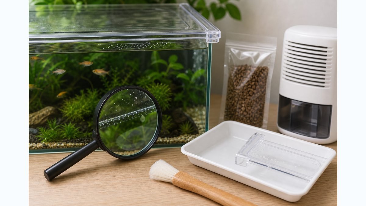 水槽周りの白い小さい虫を見分けるルーペと清掃道具と除湿機を並べた概要画像