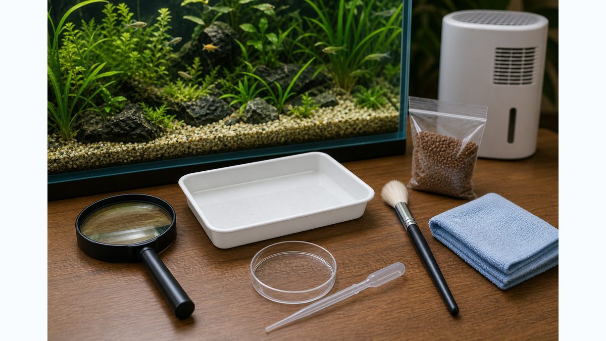 ルーペ、観察皿、ピペット、ブラシ、布、密閉餌容器を並べた白い小虫対策FAQ画像