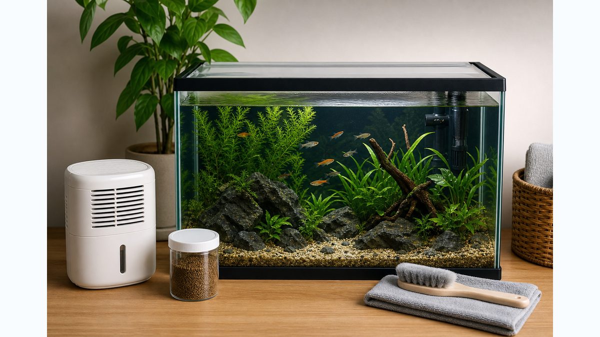 清潔な水槽と乾いたフタと密閉餌容器と除湿機を揃えた白い小虫対策のまとめ画像