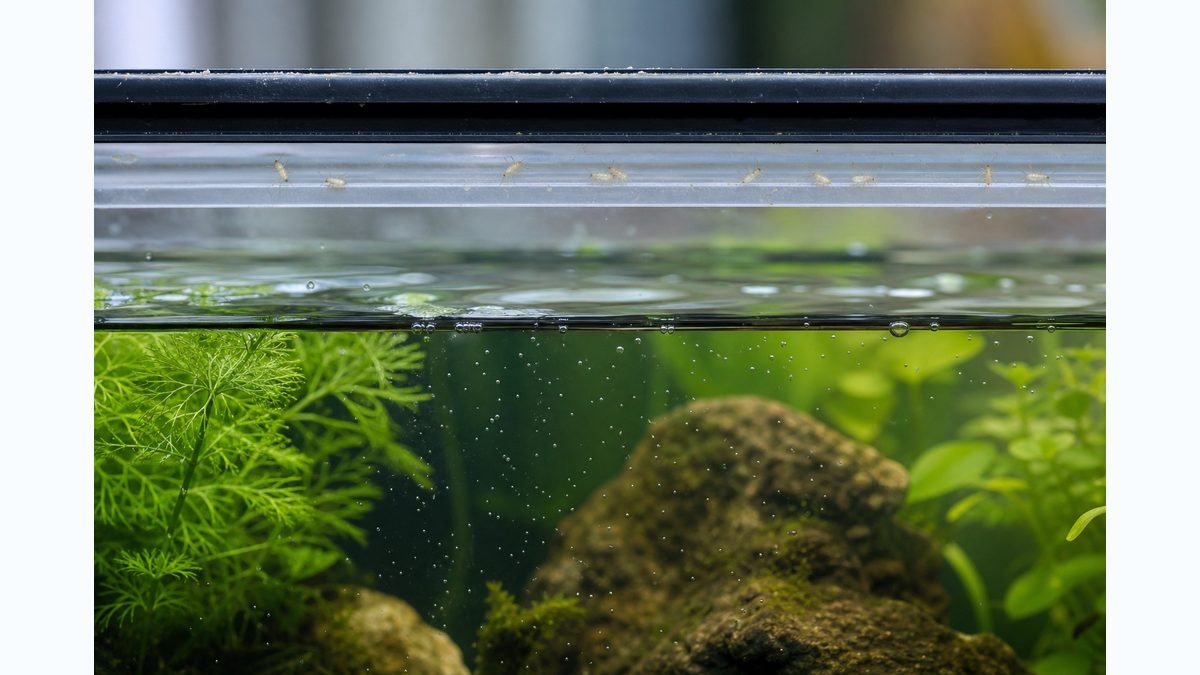 水槽の水面を境にフタ裏の陸生小虫と水中の微小生物の位置を分けて示す画像