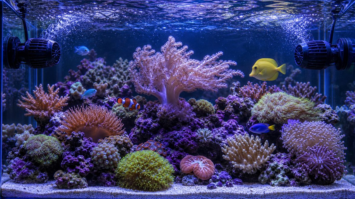 ウェーブメーカーでサンゴを揺らす海水水槽画像