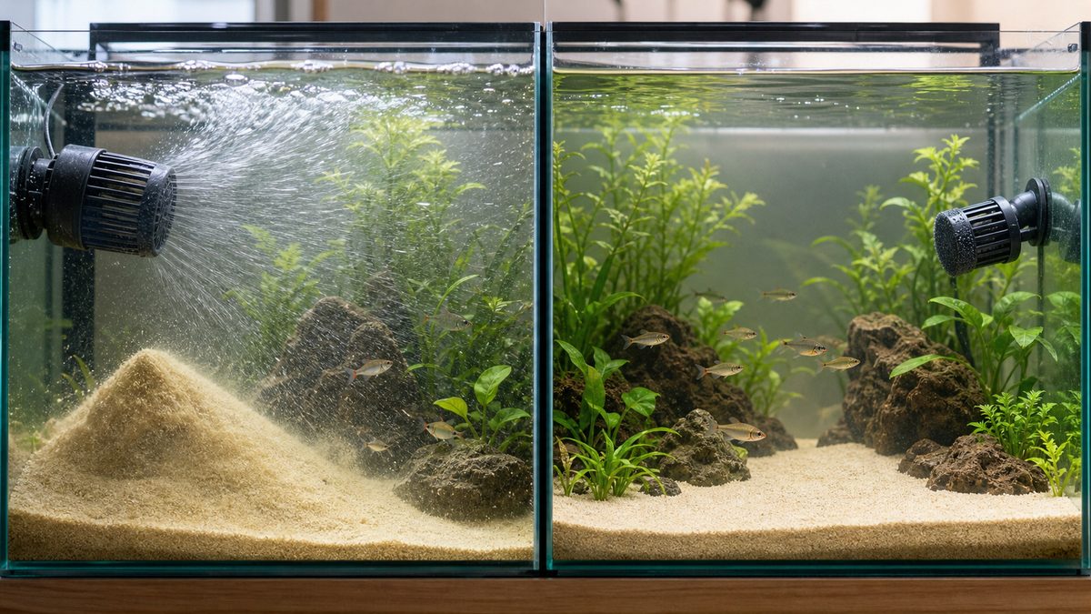 強すぎる水流の失敗例と改善後を比較する水槽画像