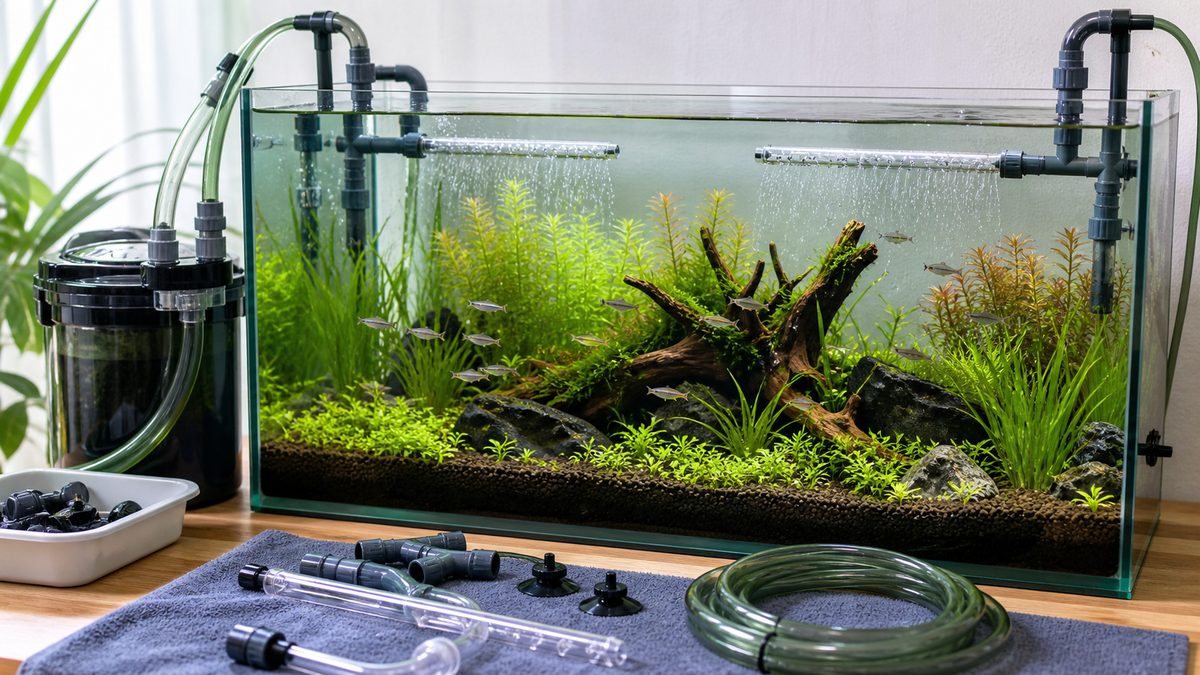外部フィルター配管でDIY水流を作る水槽画像