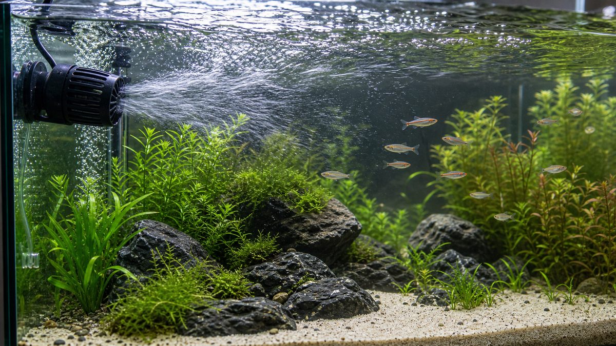 水流ポンプで酸素供給と水質安定を助ける水草水槽画像