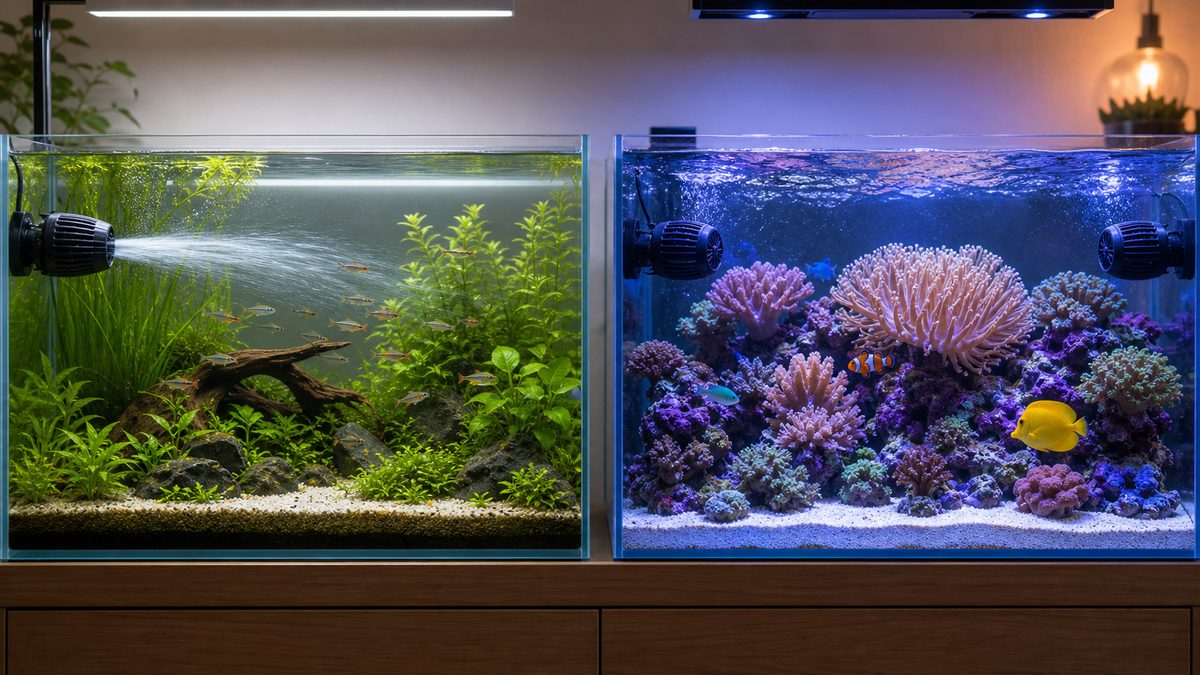 サーキュレーターとウェーブメーカーの水流の違いを示す比較水槽画像