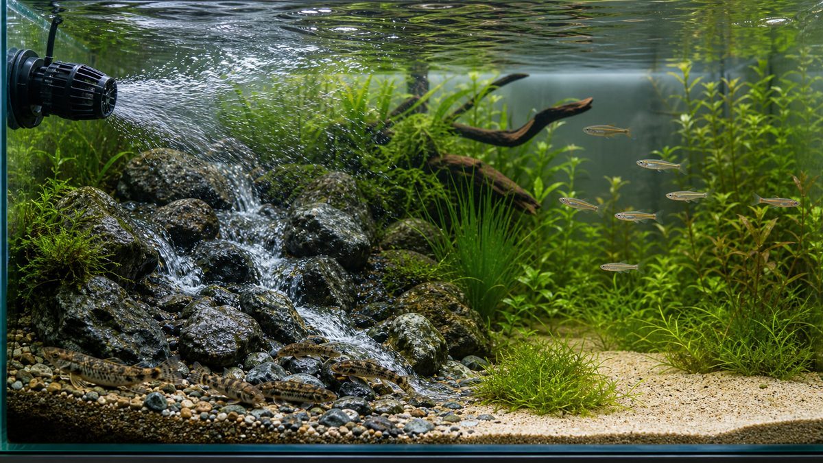 魚種に合わせて強い水流と穏やかな水域を分けた水槽画像