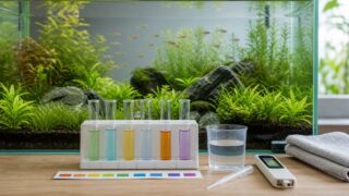 水草水槽の前に液体試薬・試験紙・デジタルpHメーターを並べた水質検査ガイドのアイキャッチ