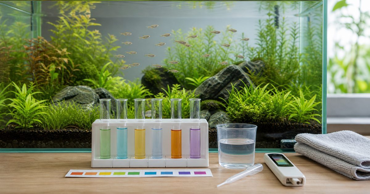 水草水槽の前に液体試薬・試験紙・デジタルpHメーターを並べた水質検査ガイドのアイキャッチ