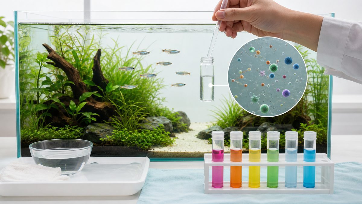 透明な水草水槽から水を採取し、見えない水質成分を拡大表示した水質検査の図