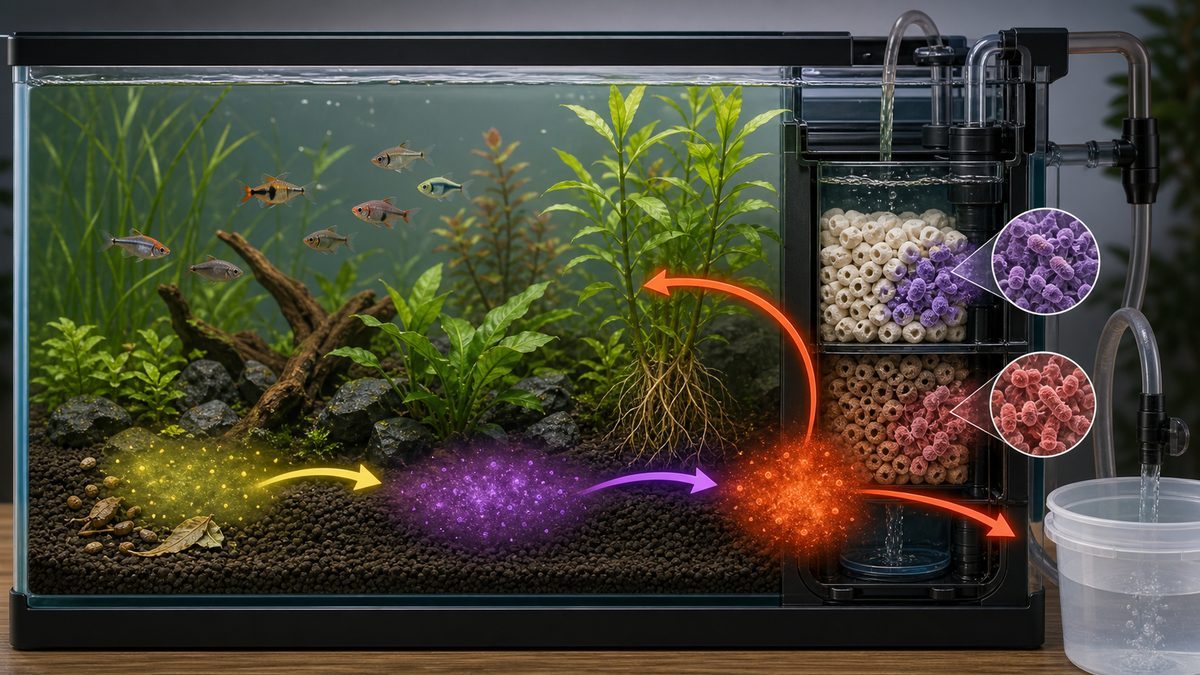 魚の排せつ物がアンモニア、亜硝酸、硝酸塩へ変わり水草と部分換水で減る窒素循環図