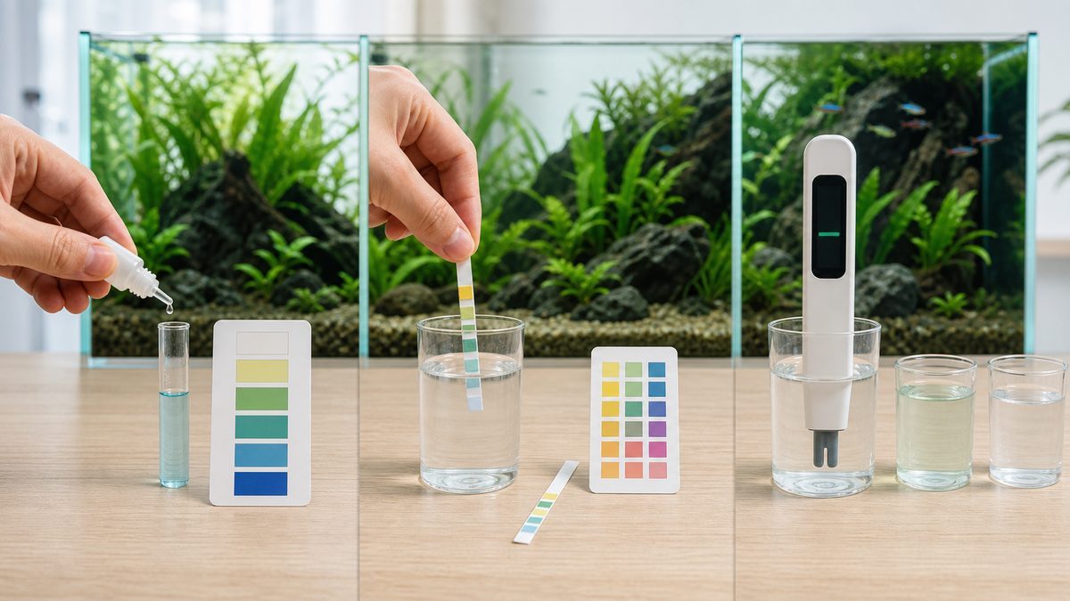 同じ水槽水を液体試薬、試験紙、デジタルpHメーターで測る3方式の比較