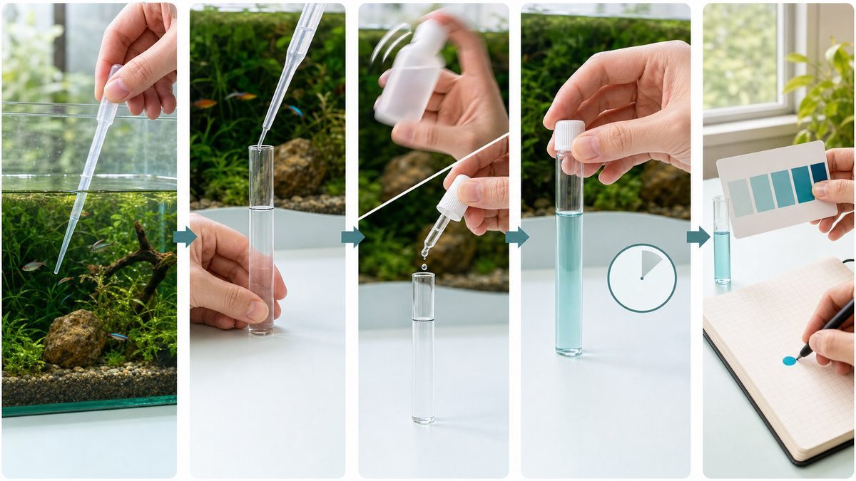 水槽中央からの採水、試薬滴下、待機、自然光での色比較、結果記録を順に示す図