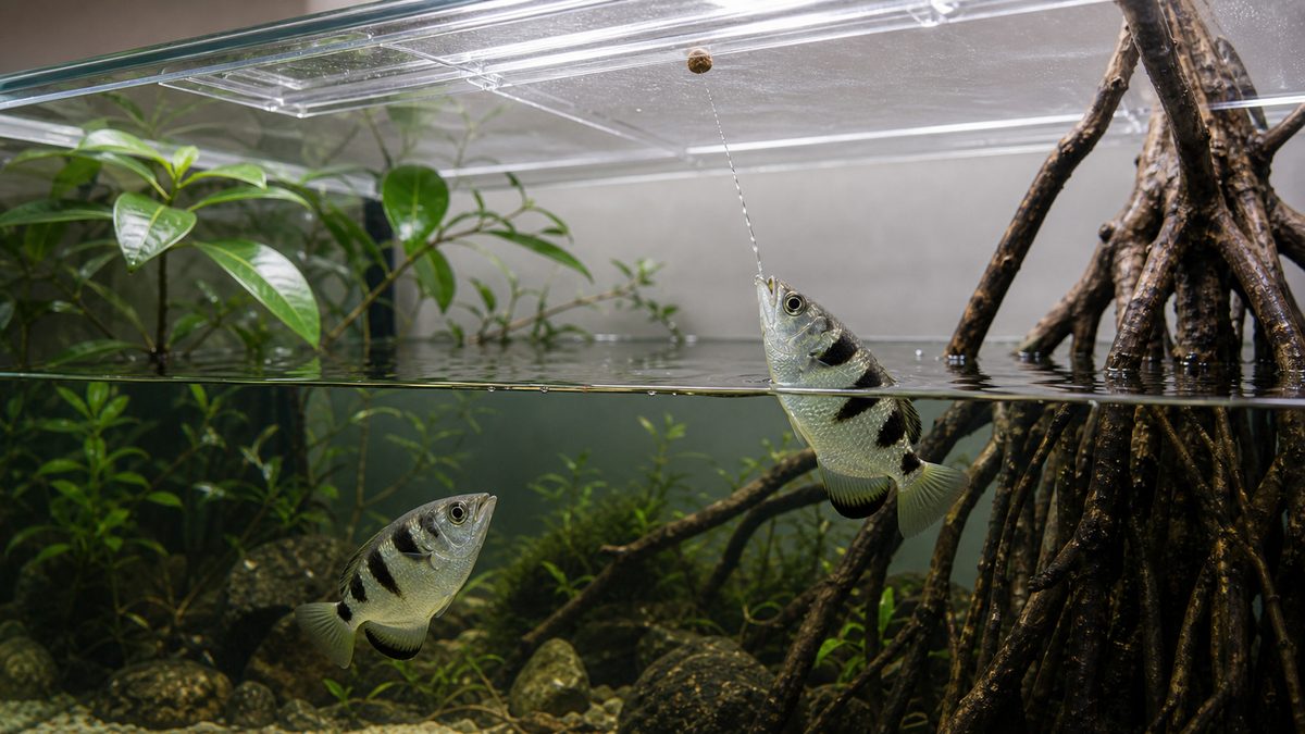 蓋の裏の餌へ水鉄砲を撃つアーチャーフィッシュの訓練