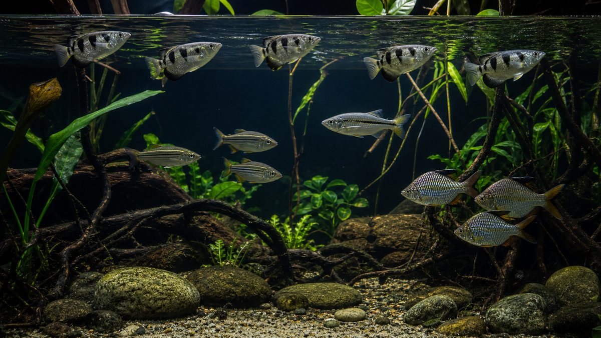 表層のアーチャーフィッシュと中層の汽水魚を分けた混泳水槽