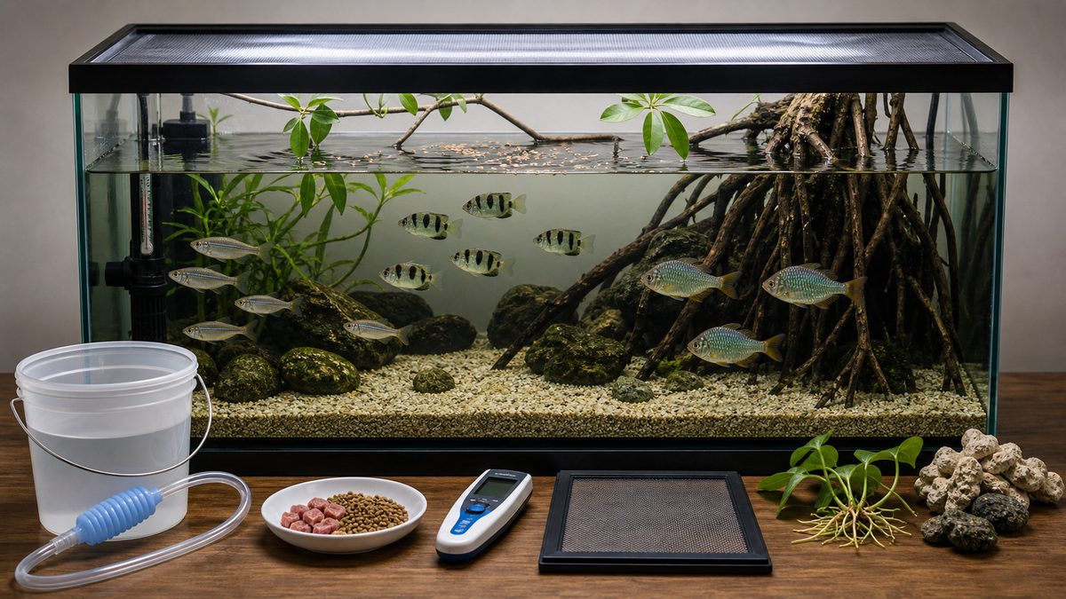 アーチャーフィッシュ飼育のFAQを象徴する水槽と管理用品の集合