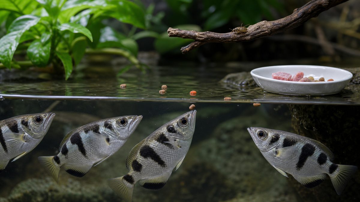 アーチャーフィッシュへ浮上性の餌や冷凍餌を与える場面