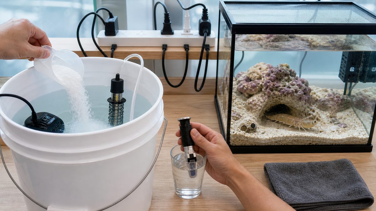 別容器で人工海水を混ぜ比重計で確認してからシャコ水槽へ使う準備