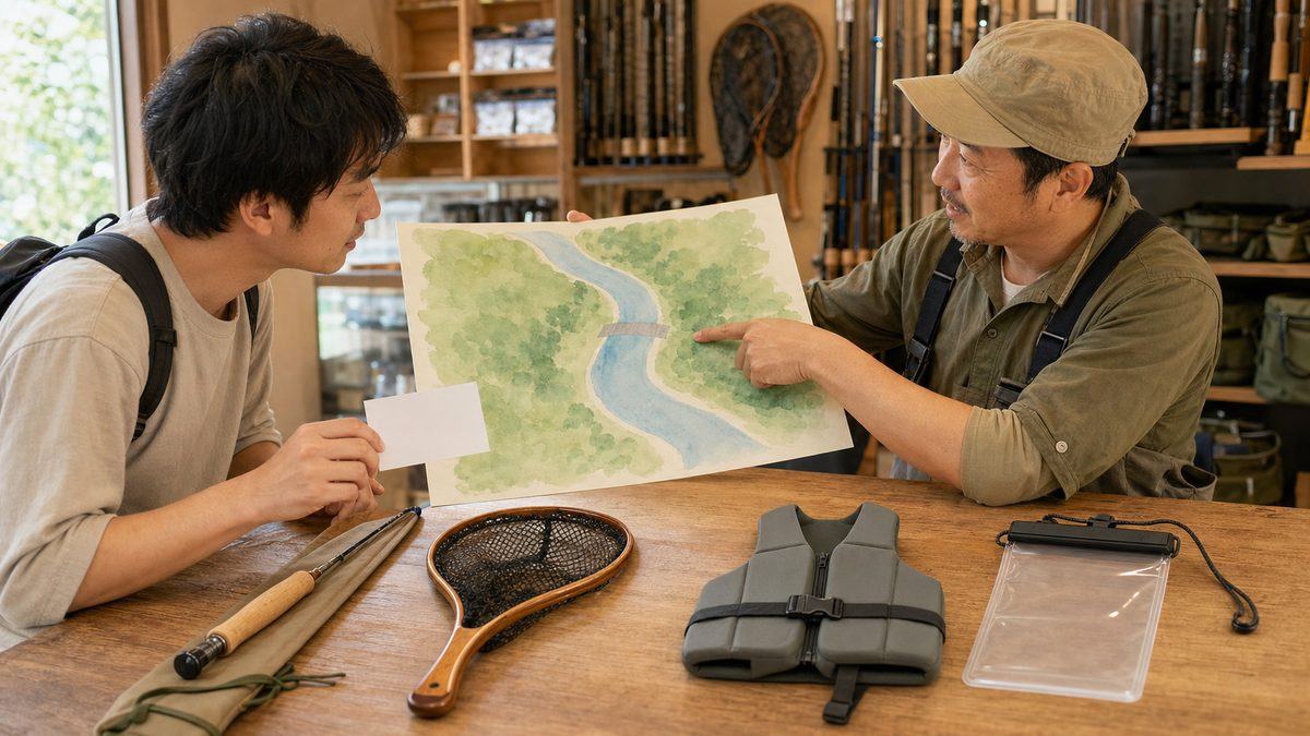 釣具店で河川地図と遊漁券について相談する川釣り初心者