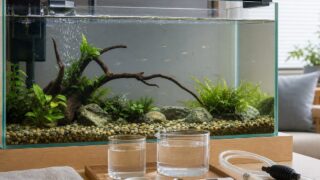 メダカが泳ぐ広いフタ付き水槽と、ろ過・準備水・採水検査・給餌道具を整えた初心者の飼育環境