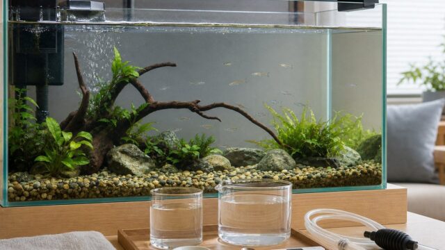 メダカが泳ぐ広いフタ付き水槽と、ろ過・準備水・採水検査・給餌道具を整えた初心者の飼育環境