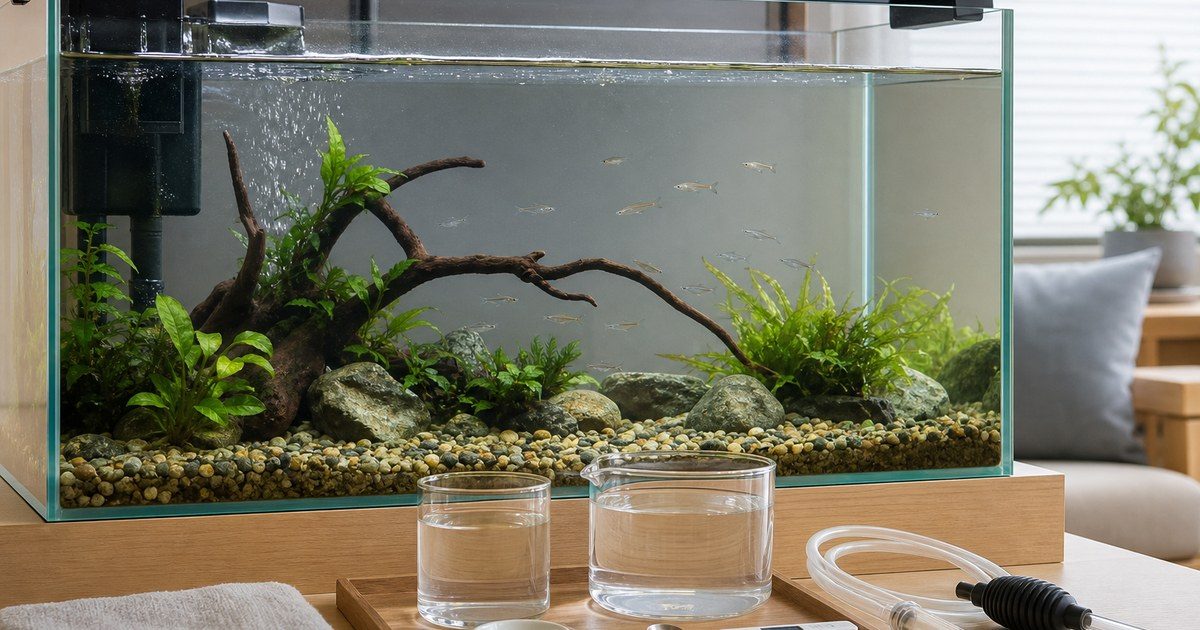 メダカが泳ぐ広いフタ付き水槽と、ろ過・準備水・採水検査・給餌道具を整えた初心者の飼育環境