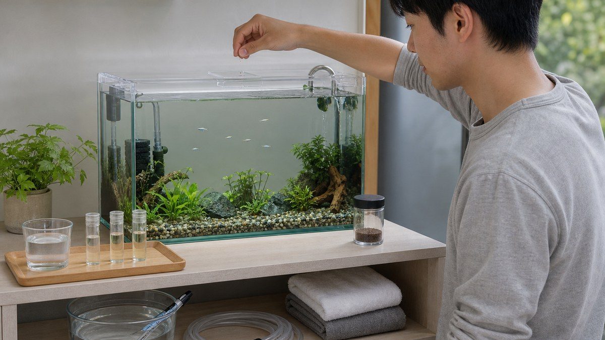 安定したフタ付きメダカ水槽で魚を観察し、少量給餌と採水検査、準備水を習慣化する初心者