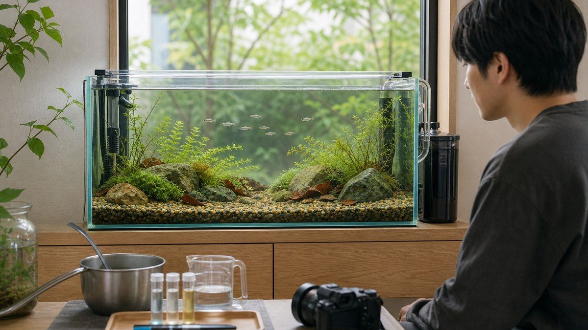丸石と水草で日本の水辺を再現したフタ付き水槽で野生型メダカの群れを観察する様子