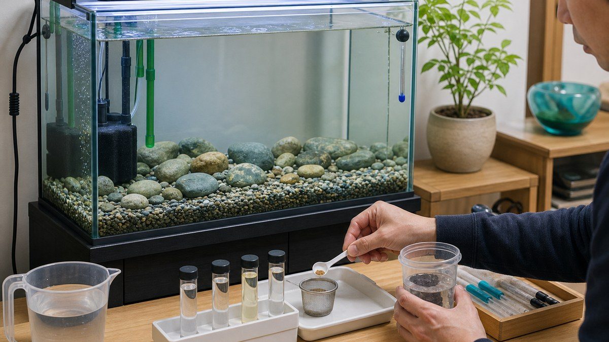 魚のいない新しい水槽でカルキを処理した水・ろ過・曝気を整え、採水試験で生物ろ過を確認する様子