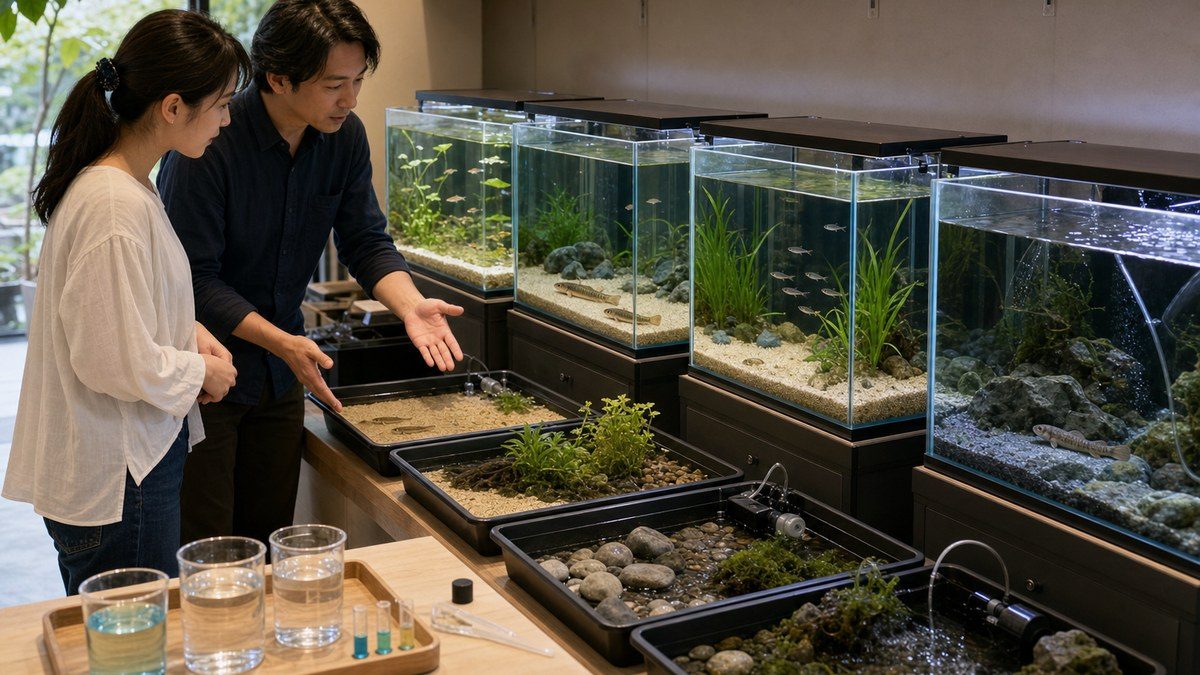 メダカ・ドジョウ・タナゴ・ヨシノボリを適した流れと底床の別水槽で見比べる初心者