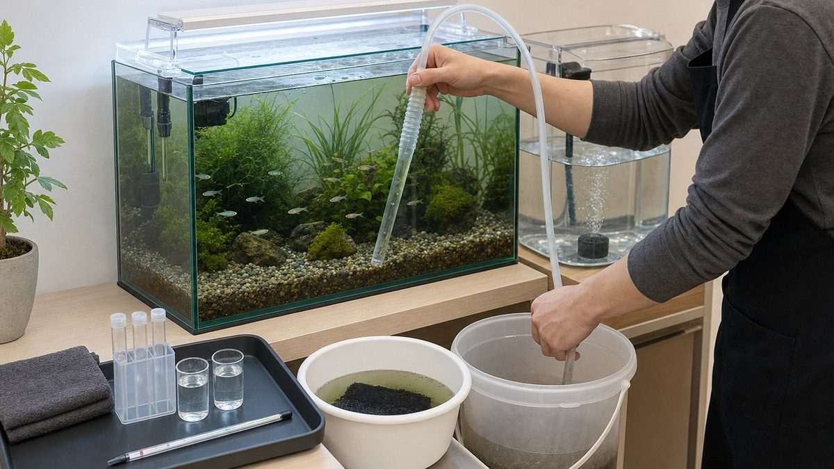メダカ水槽で底の汚れを吸い、採水検査と温度を合わせた準備水で部分換水する飼育者