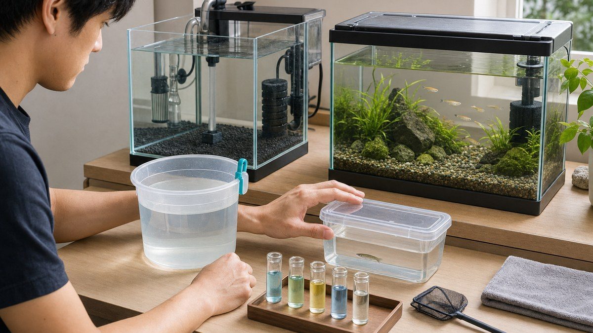 魚なし立ち上げ水槽、準備水、隙間のないフタ、部分換水目印、混泳確認を整えた安全な飼育台